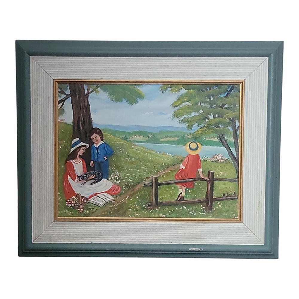 Vintage American Folk Art. Signed Original. Girl In Red Dress. 22 X 18".